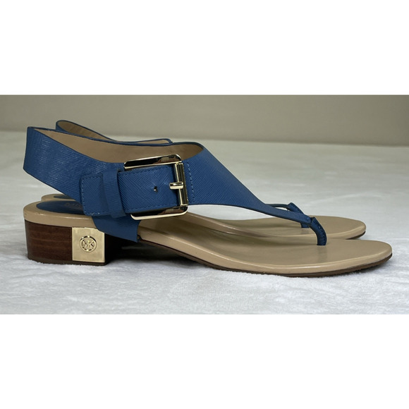 2pr Michael Kors London Thong Sandals TStrap Low Heel Leather Sz. 8 Blue & Coral - Picture 16 of 16